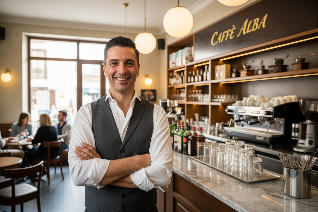 UN GESTORE DI BAR SORRIDENTE E SODDISFATTO DEL SUO LOCALE